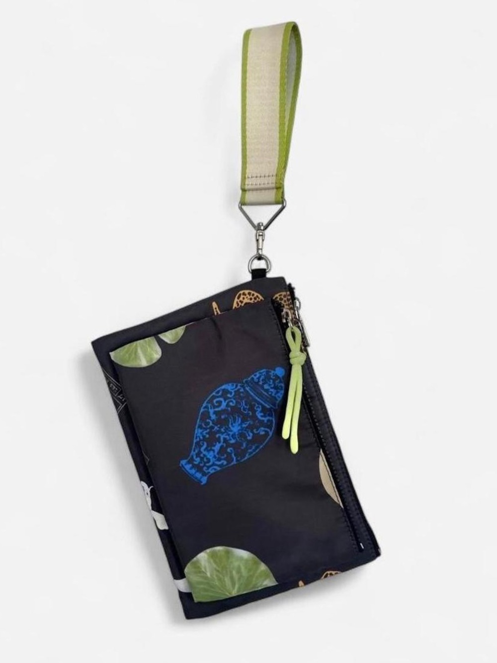 Printed Black Nylon Wristlet Pouch with Lime Accent from Parfois